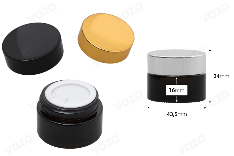 Kavanozë 15 ml ngjyrë karamele, prej qelqi me tapë plastike në kavanoz dhe mbulesë-mbrojtëse brenda kapakut Kavanozë 15 ml ngjyrë karamele, prej qelqi me tapë plastike në kavanoz dhe mbulesë-mbrojtëse brenda kapakut -imazh_dimensione