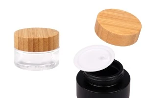 Pot en verre 30 ml avec couvercle en bambou et joint en plastique de couleur transparente ou noire-1