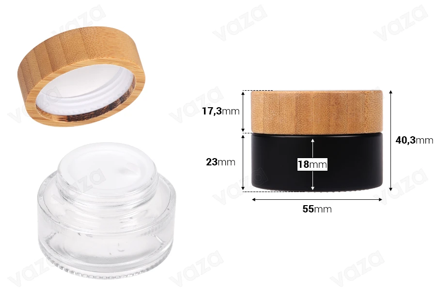 Γυάλινο βάζο 30 ml με bamboo καπάκι και πλαστικό παρέμβυσμα σε διάφανο ή μαύρο χρώμα-εικόνα_διαστάσεις