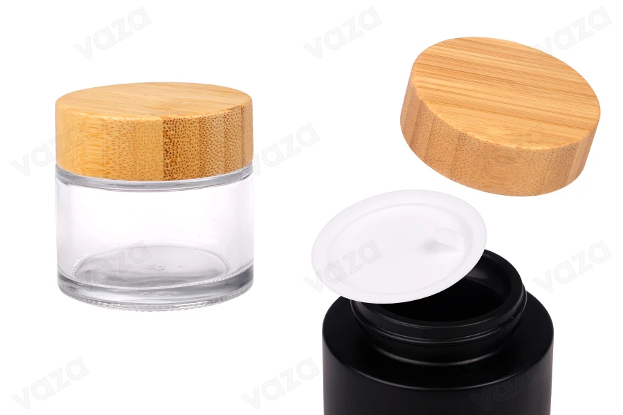 Pot en verre 50 ml avec couvercle en bambou et joint en plastique de couleur transparente ou noire-photo_produit