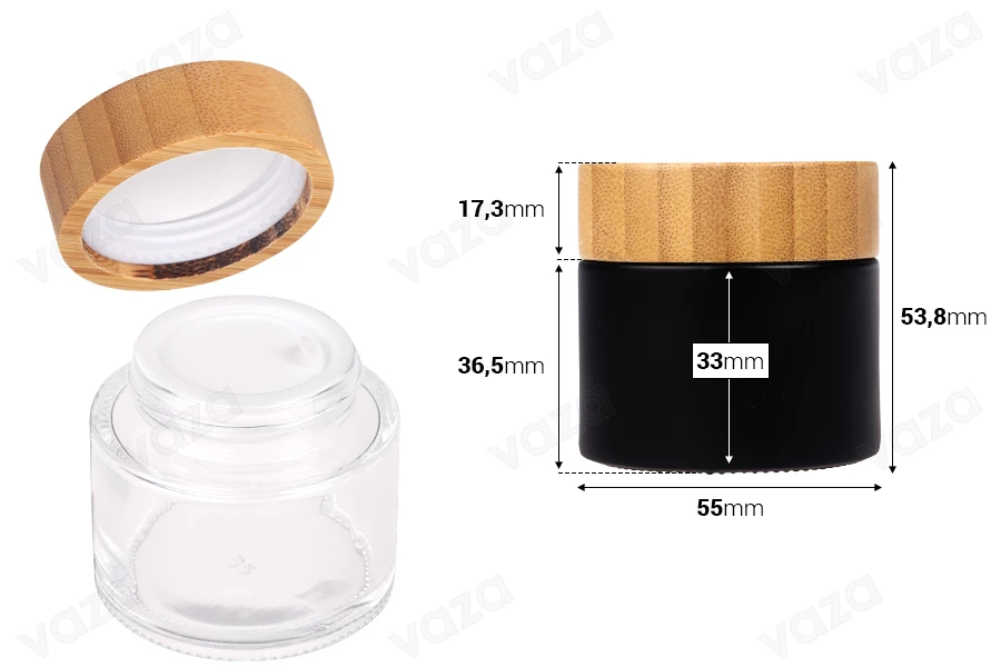 Pot en verre 50 ml avec couvercle en bambou et joint en plastique de couleur transparente ou noire-photo_dimensions