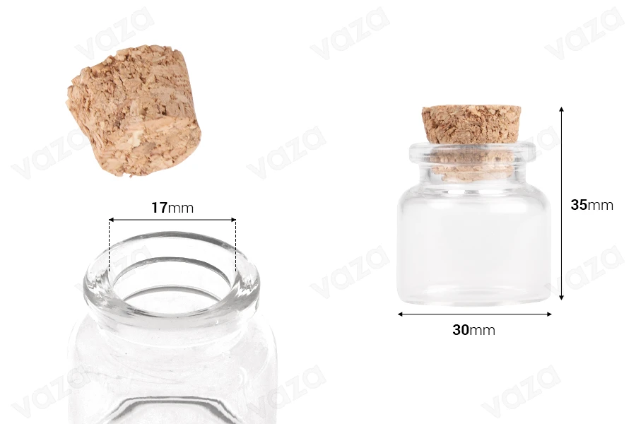 Shishe e vogël me tapë korku 10 për dasëm dhe pagëzim 30x35 mm - 12 copë-imazh_dimensione