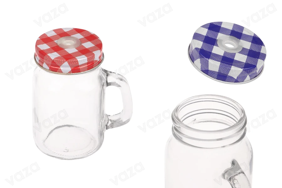 Glas 100 ml mit Henkel und Deckel mit Öffnung für Strohhalm Glas 100 ml mit Henkel und Deckel mit Öffnung für Strohhalm-produktbild