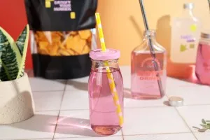 250ml glass bottle for juices, available with straw hole lid-5