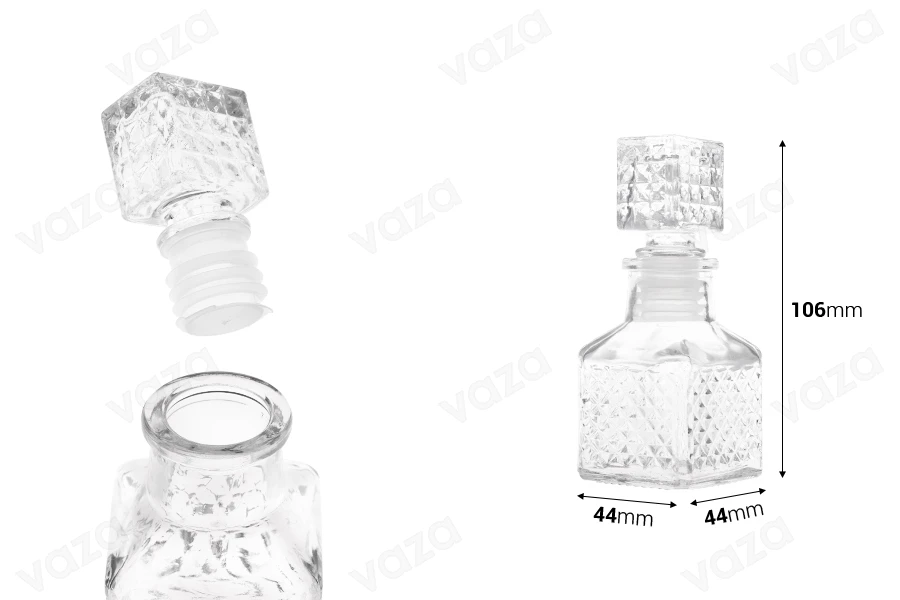 Μπουκαλάκι 60 ml μινιατούρα 106x44 mm με ανάγλυφα σχέδια και γυάλινο πώμα-εικόνα_διαστάσεις