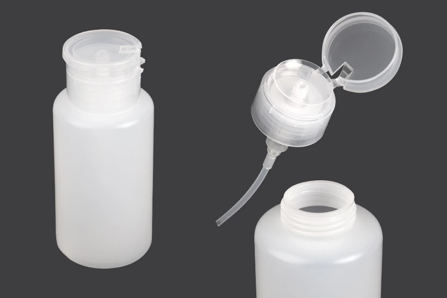 Flacone in plastica da 200 ml con dosatore a pompetta per acetone - 12 pz Flacone in plastica da 200 ml con dosatore a pompetta per acetone - 12 pz