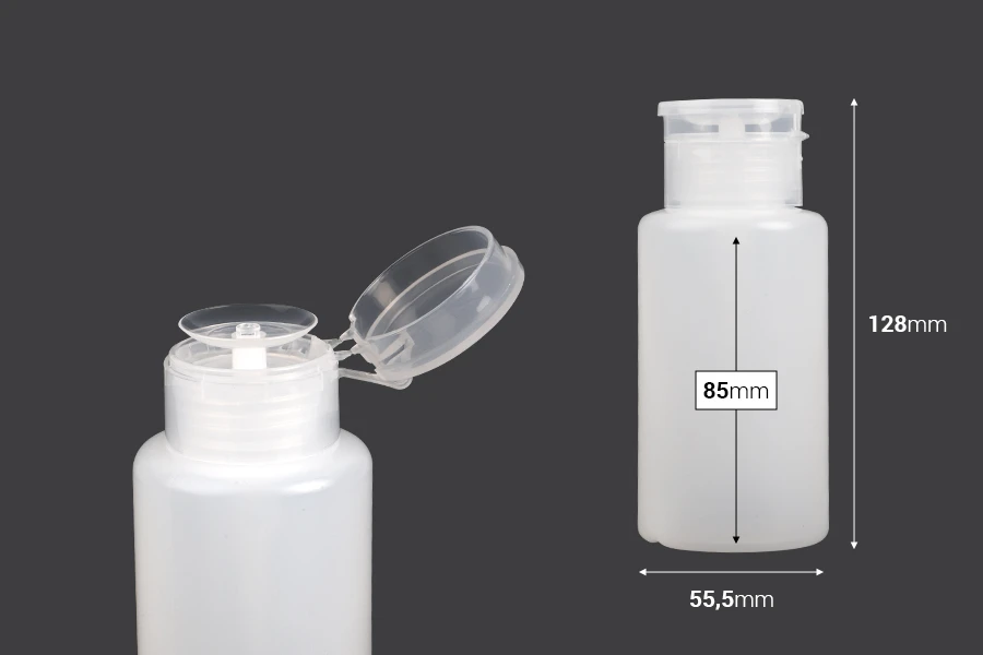 Flacone in plastica da 200 ml con dosatore a pompetta per acetone - 12 pz Flacone in plastica da 200 ml con dosatore a pompetta per acetone - 12 pz
