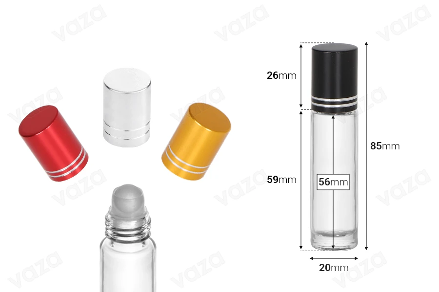 Transparent 10ml glass roll-on bottle with glass roll-on ball and silver stripe jar cap-image_dimensions