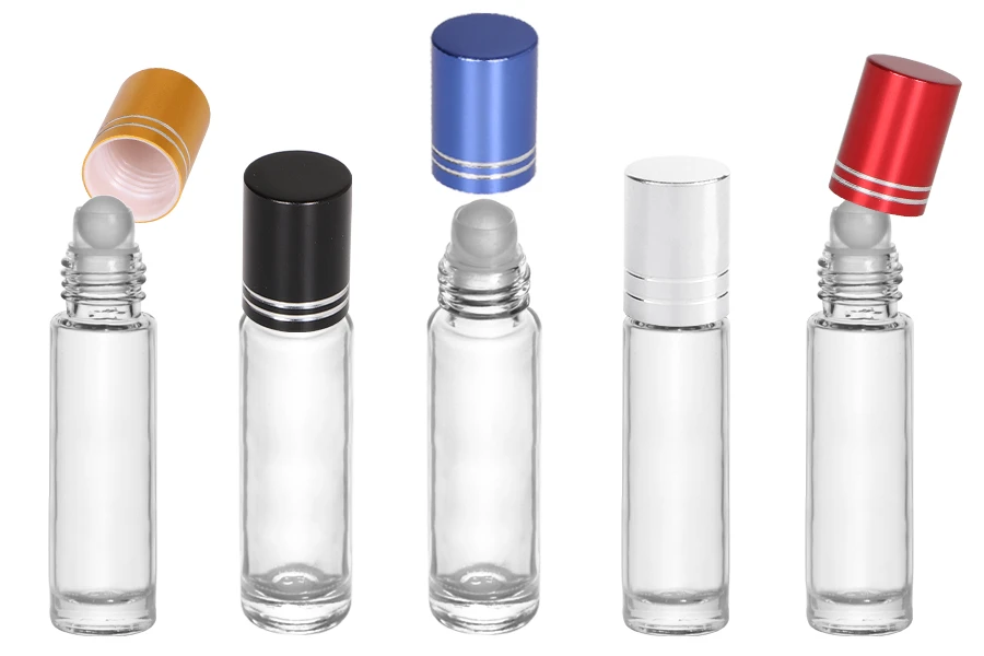 Flacon en verre Roll-on de 10 ml transparent avec bille en verre et bouchon avec bande argentée Flacon en verre Roll-on de 10 ml transparent avec bille en verre et bouchon avec bande argentée