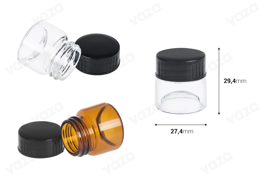 Petit pot en verre de 5ml transparent ou en couleur caramel avec couvercle en plastique noir pour crèmes et propolis - 12 pièces-photo_groupe