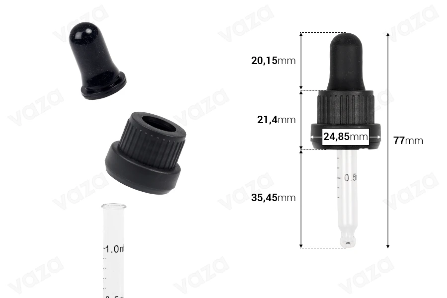 Tropffachgerät 10 ml mit schwarzer breiter Sicherheitskappe, Bewertung und Schnuller in schwarzer Matte oder glänzender Farbe - in Einzelverpackung-bildabmessungen