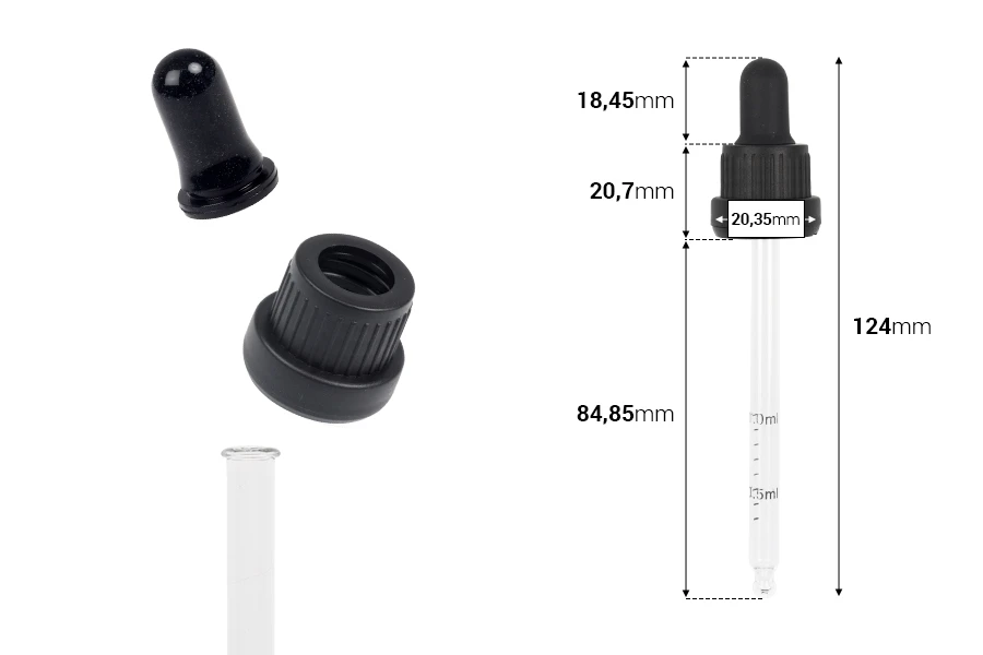 Dropper 100 ml with black wide tamper-evident cap and rubber teat in shiny black or black MAT - individually wrapped Dropper 100 ml with black wide tamper-evident cap and rubber teat in shiny black or black MAT - individually wrapped
