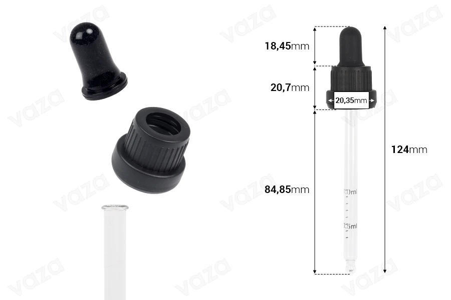 Σταγονομετρητής 100 ml με μαύρο φαρδύ καπάκι ασφαλείας, διαβάθμιση και πιπίλα σε μαύρο ΜΑΤ ή γυαλιστερό χρώμα - σε ατομική συσκευασία-εικόνα_διαστάσεις