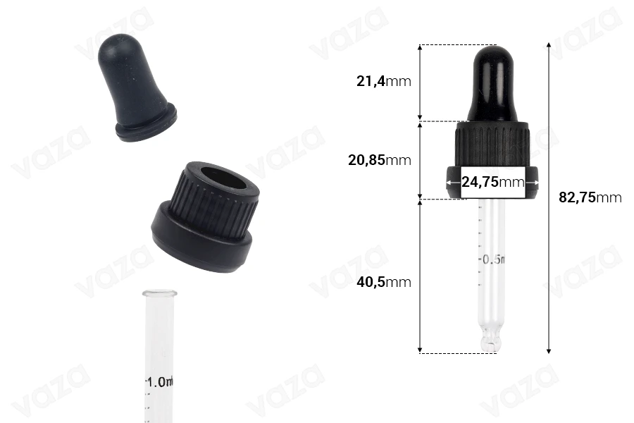 Dropper 15 ml with black wide tamper-evident cap and bulb in shiny black or MAT color - individually wrapped-image_dimensions