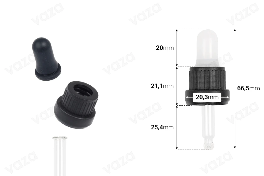 5 ml drip gauge with black wide safety cap, no grading and semi-transparent or black MAT pacifier - individually wrapped-image_dimensions
