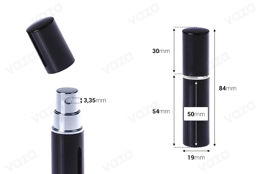 Μπουκαλάκι με σπρέι για αρώματα 5 ml γυάλινο μέσα σε αλουμινένια θήκη σε διάφορα χρώματα-εικόνα_διαστάσεις