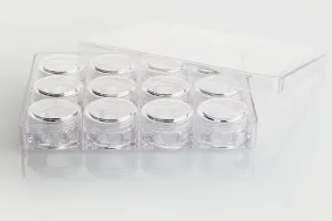 Βαζάκι ακρυλικό τετράγωνο 5 ml διάφανο με καπάκι  για κρέμες, σε ακρυλική κασετίνα 12 τεμαχίων-1
