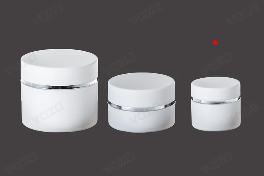 Βάζο πλαστικό λευκό ΜΑΤ 50ml με ασημί ρίγα και εσωτερικό liner στο καπάκι - 12 τμχ Βάζο πλαστικό λευκό ΜΑΤ 50ml με ασημί ρίγα και εσωτερικό liner στο καπάκι - 12 τμχ-εικόνα_σύνθεση