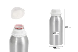 Bottiglia in alluminio da 500 ml per conservare essenze, aromi e solventi alcolici, con tappo e coperchio di sicurezza.-dimensioni_immagine