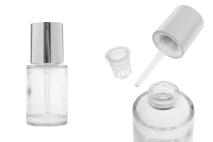 Flacon en verre transparent de 30 ml avec compte-gouttes argenté muni d'un bouton et d'un système de drainage.-photo_produit