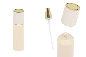 Shishe luksoze prej qelqi mat ngjyrë bezhë 100 ml me kapak dhe pompë kremi të artë-imazh_produkt