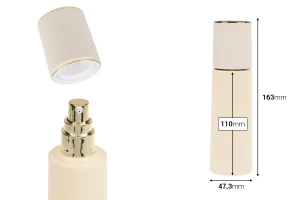 Shishe luksoze prej qelqi mat ngjyrë bezhë 100 ml me kapak dhe pompë kremi të artë-imazh_dimensione