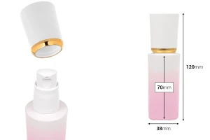 Γυάλινο μπουκάλι πολυτελείας 30 ml σε μωβ λευκό χρώμα με αντλία κρέμας και ακρυλικό καπάκι-εικόνα_διαστάσεις