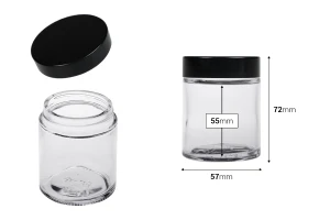 Βαζάκι γυάλινο 100 ml διάφανο με πλαστικό μαύρο καπάκι (και εσωτερικό παρέμβυσμα στο καπάκι)-εικόνα_διαστάσεις