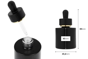 Flacon en verre noir mat de 30 ml avec compte-gouttes noir mat orné d'une bande dorée-photo_dimensions