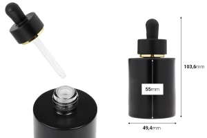 Flacon en verre noir mat de 50 ml avec compte-gouttes noir mat orné d'une bande dorée et d'un système de drainage.-photo_dimensions