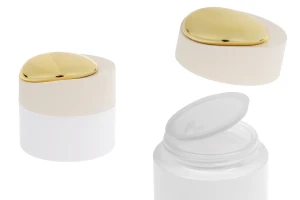 Βαζάκι πολυτελείας 50 ml σε λευκό ματ χρώμα με χρυσή λεπτομέρεια στο καπάκι (με εσωτερικό παρέμβυσμα) και πλαστικό παρέμβυσμα-εικόνα_προϊοντική
