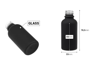 Γυάλινο μπουκαλάκι 30 ml για αιθέρια έλαια με στόμιο PP18 σε διάφορα rubber χρώματα-εικόνα_διαστάσεις