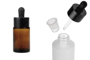 Γυάλινο μπουκαλάκι 30 ml με μαύρο ΜΑΤ σταγονόμετρο και αποστραγγιστήρα-εικόνα_προϊοντική