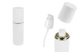 Flacone da 50 ml di colore bianco OPACO con striscia argento o oro, con pompa per crema e tappo bianco OPACO-1