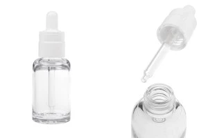 Flacon en plastique transparent (PETG) de forme cylindrique de 30 ml avec compte-gouttes blanc-photo_produit