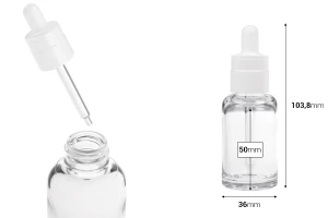 Flacon en plastique transparent (PETG) de forme cylindrique de 30 ml avec compte-gouttes blanc-photo_dimensions