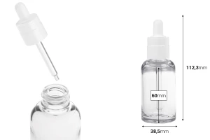 Flacon en plastique transparent (PETG) de forme cylindrique de 50 ml avec compte-gouttes blanc-photo_dimensions