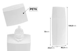 Flacon en plastique (PETG) de 50 ml, de couleur blanche, avec bouchon et bec verseur pour cosmétiques liquides.-photo_dimensions