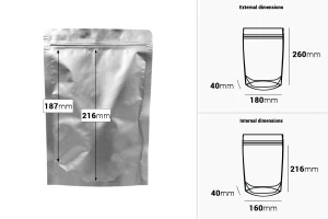 Sachets en aluminium (type Doypack) 180 x 40 x 260 mm avec fermeture zip et possibilité de thermoscellage - 100 pcs-photo_dimensions