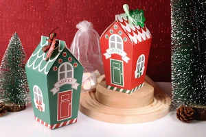 Christmas paper box 70x70x195 mm with ribbon and greeting card/tag - 10 pcs-photo_groupe