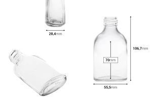 Γυάλινο μπουκάλι 60 ml (PP24) σε πλακέ σχήμα-εικόνα_διαστάσεις