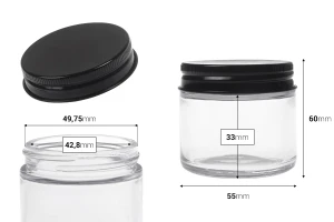 Pot en verre transparent de 60 ml avec bouchon en aluminium noir et doublure intérieure-2