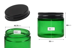 Pot en verre vert de 60 ml avec bouchon en aluminium noir et doublure intérieure-2