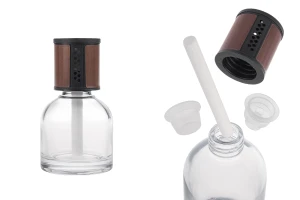 Flacon en verre transparent de 100 ml - désodorisant pour voiture avec bouchon marron/noir et bâtonnet en coton-photo_produit