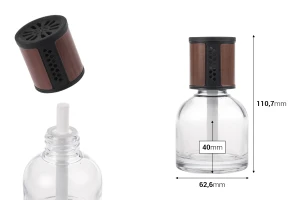 Flacon en verre transparent de 100 ml - désodorisant pour voiture avec bouchon marron/noir et bâtonnet en coton-photo_dimensions