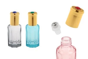 Flacone roll-on esagonale in vetro da 10 ml con sfera in metallo e tappo dorato con pietra decorativa-immagine_prodotto