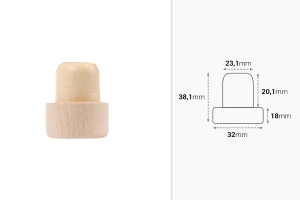 Συνθετικός φελλός σιλικόνης Φ23 με ροή και ξύλινη αποσπώμενη κεφαλή 32x18-εικόνα_διαστάσεις