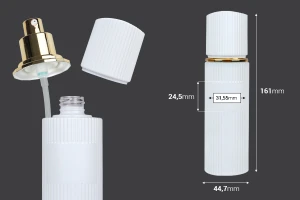 Γυάλινο μπουκάλι 100 ml πολυτελείας σε λευκό ματ χρώμα με καπάκι και χρυσή αντλία κρέμας-2
