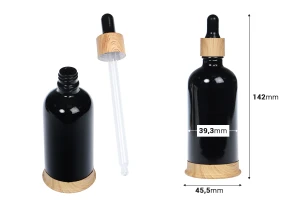 Glasflasche 100 ml schwarz mit Kunststofftropfer und Holzstand-2
