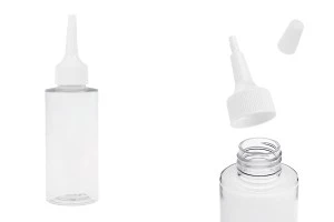 Πλαστικό (PET) διάφανο μπουκάλι 100 ml με "μύτη" και λευκό βιδωτό καπάκι-εικόνα_προϊοντική